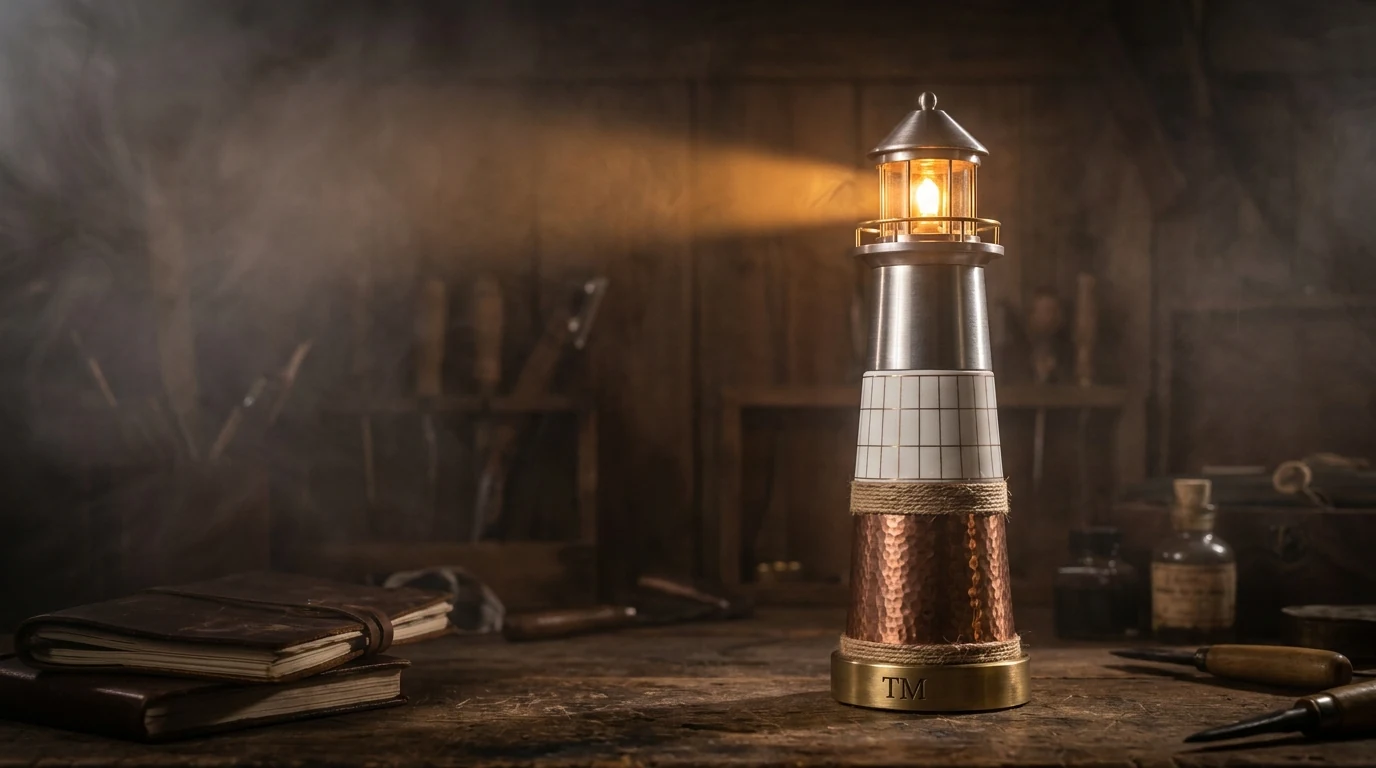 Three-section lighthouse model with copper base, porcelain middle, and steel top projecting a warm beam through workshop fog