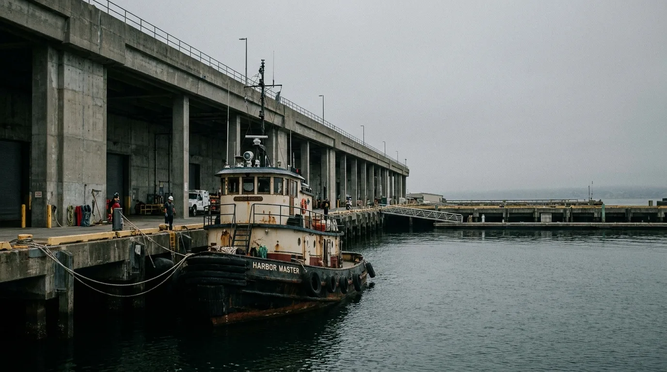 Civilian tugboat at concrete Navy pier - editorial photograph for Tygart Media Everett desk coverage