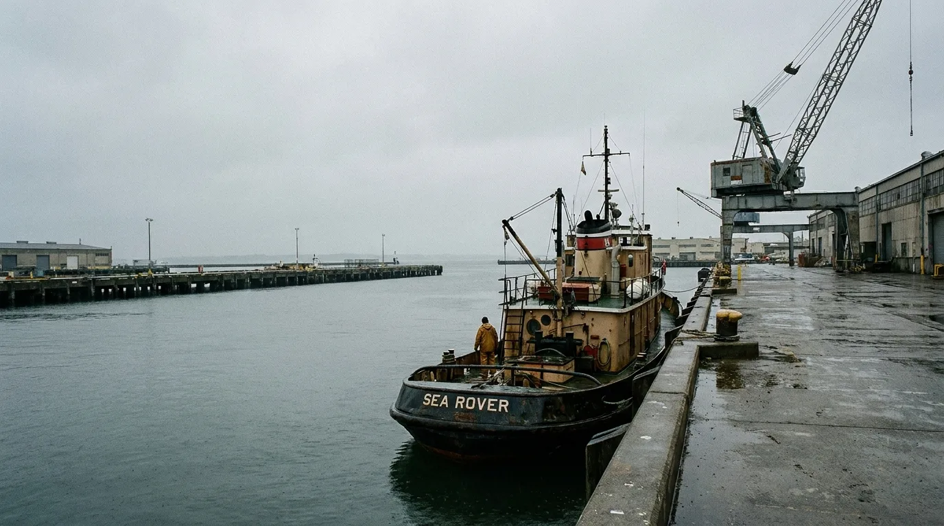 Civilian tugboat at concrete Navy pier - editorial photograph for Tygart Media Everett desk coverage