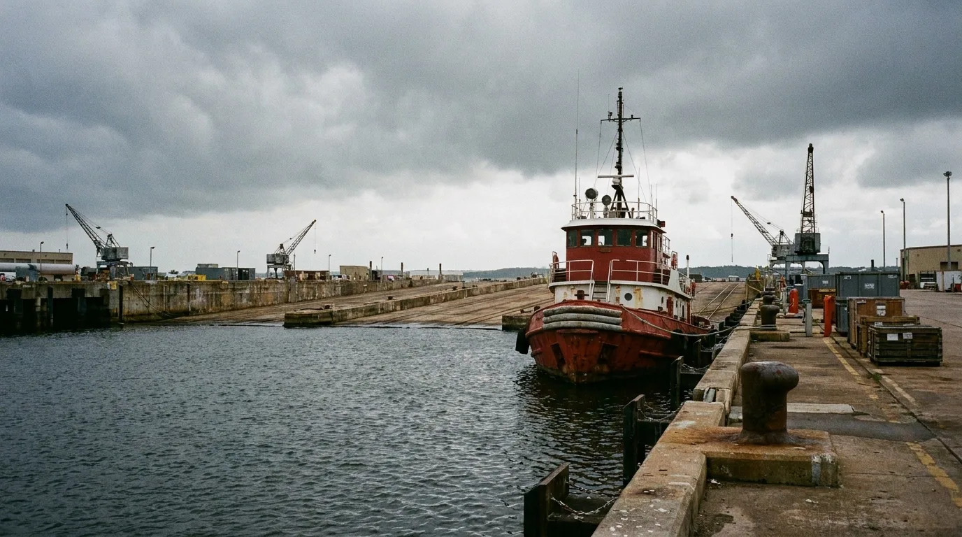 Civilian tugboat at concrete Navy pier - editorial photograph for Tygart Media Everett desk coverage