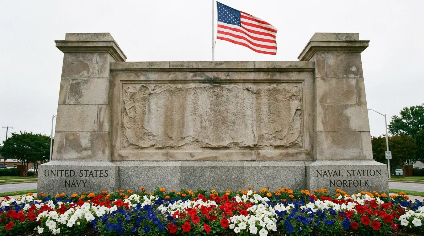 Navy installation stone gateway monument - editorial photograph for Tygart Media Everett desk coverage