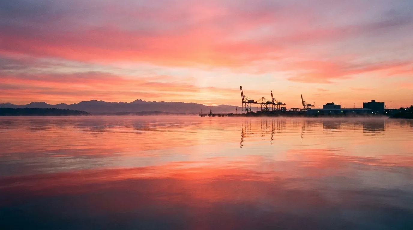 Puget Sound sunrise over calm water - editorial photograph for Tygart Media Everett desk coverage