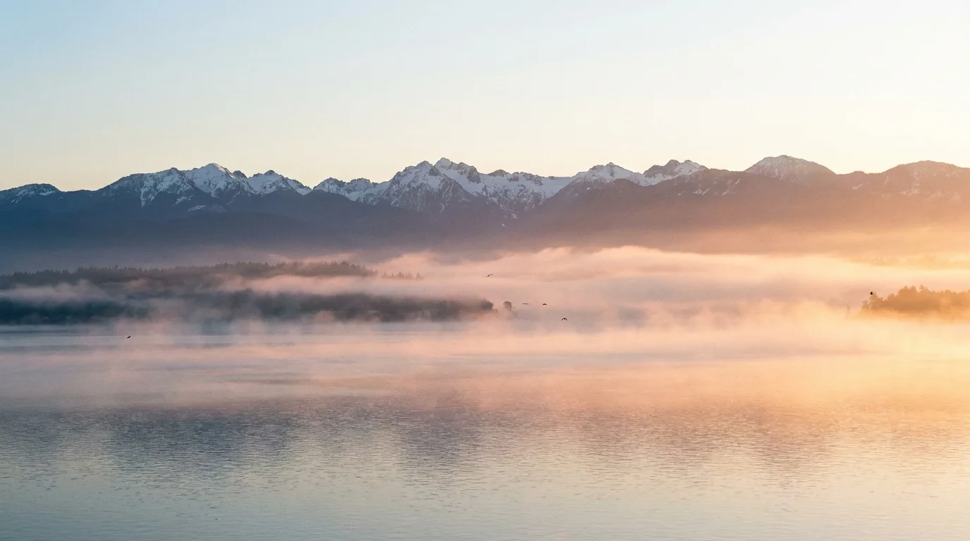 Puget Sound waterway with Olympic Mountains at dawn - editorial photograph for Tygart Media Everett desk coverage