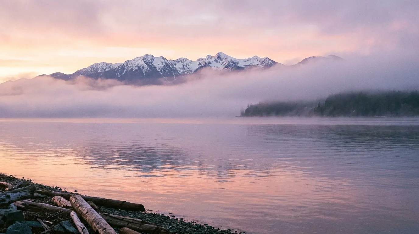 Puget Sound waterway with Olympic Mountains at dawn - editorial photograph for Tygart Media Everett desk coverage