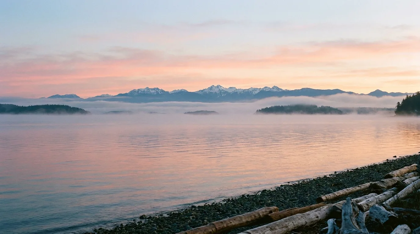 Puget Sound waterway with Olympic Mountains at dawn - editorial photograph for Tygart Media Everett desk coverage