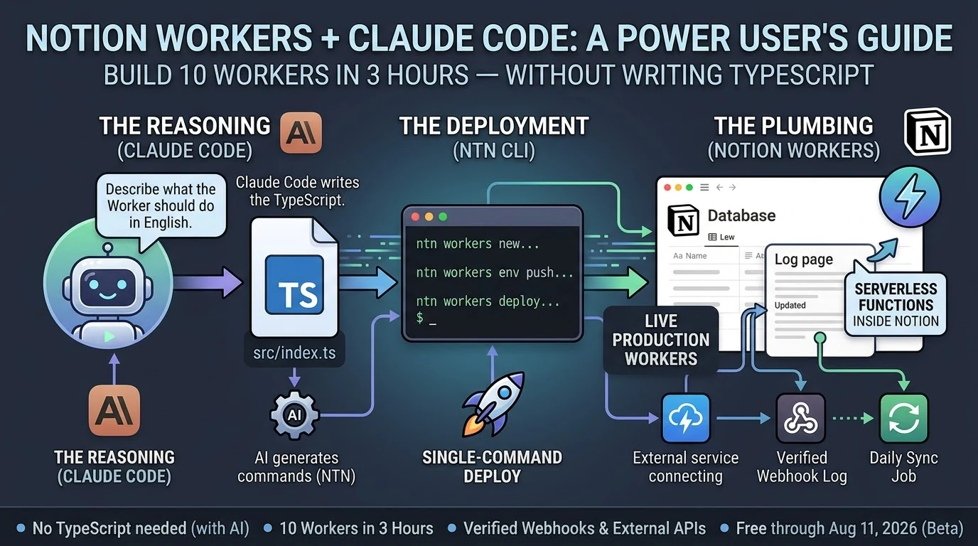 Notion Workers + Claude Code workflow diagram — build 10 Workers in 3 hours without writing TypeScript
