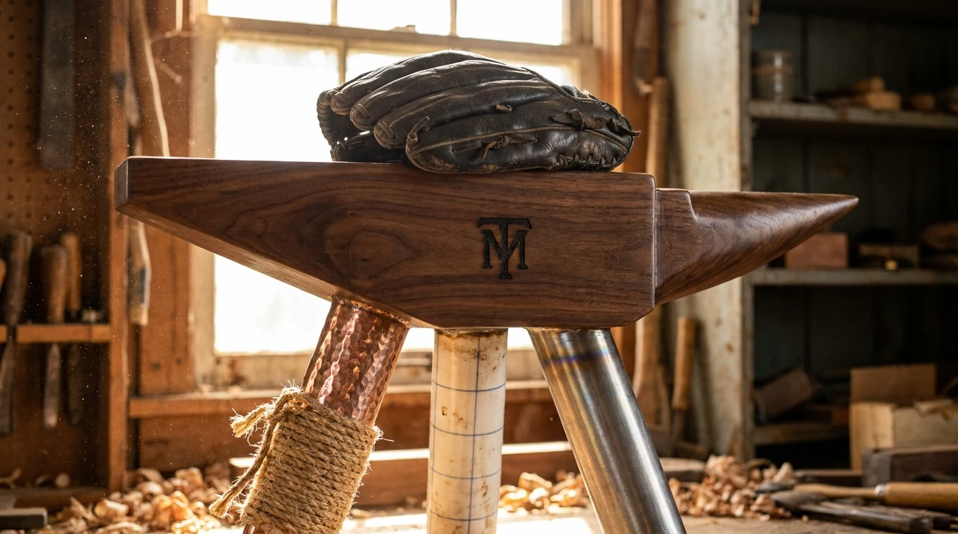 Walnut anvil on three legs with a worn baseball glove on top, sitting in a sunlit workshop