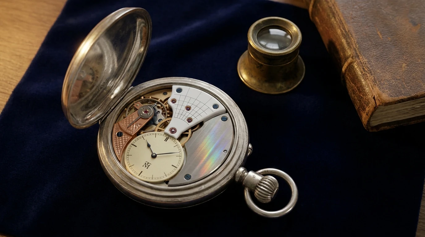 Open antique pocket watch on navy velvet with three mechanical bridges in copper, porcelain, and steel, TM monogram on the dial