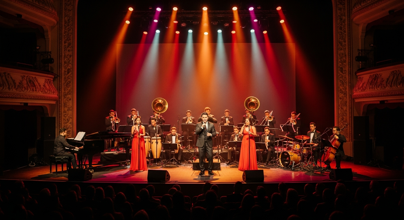 Colombian salsa orchestra performing at the Historic Everett Theatre in Everett WA, warm amber stage lighting, ornate 1901 opera house balcony in background