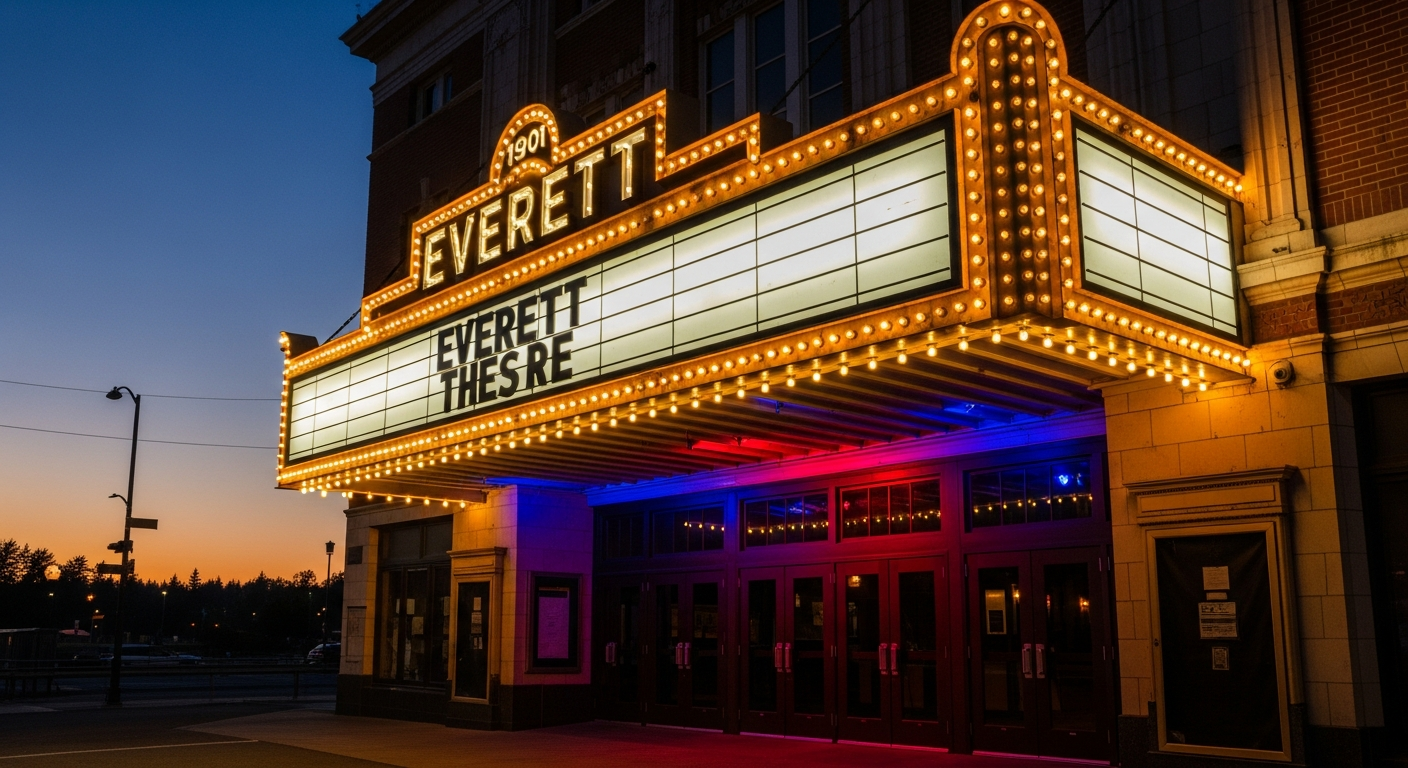 Historic Everett Theatre marquee at dusk before the Geoff Tate Operation Mindcrime Final Chapter concert May 23 2026