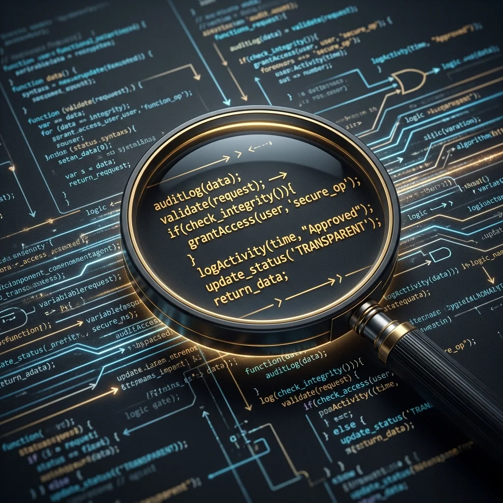 An editorial illustration showing a lens highlighting glowing gold rows within thousands of lines of reasoning and code on a dark screen.