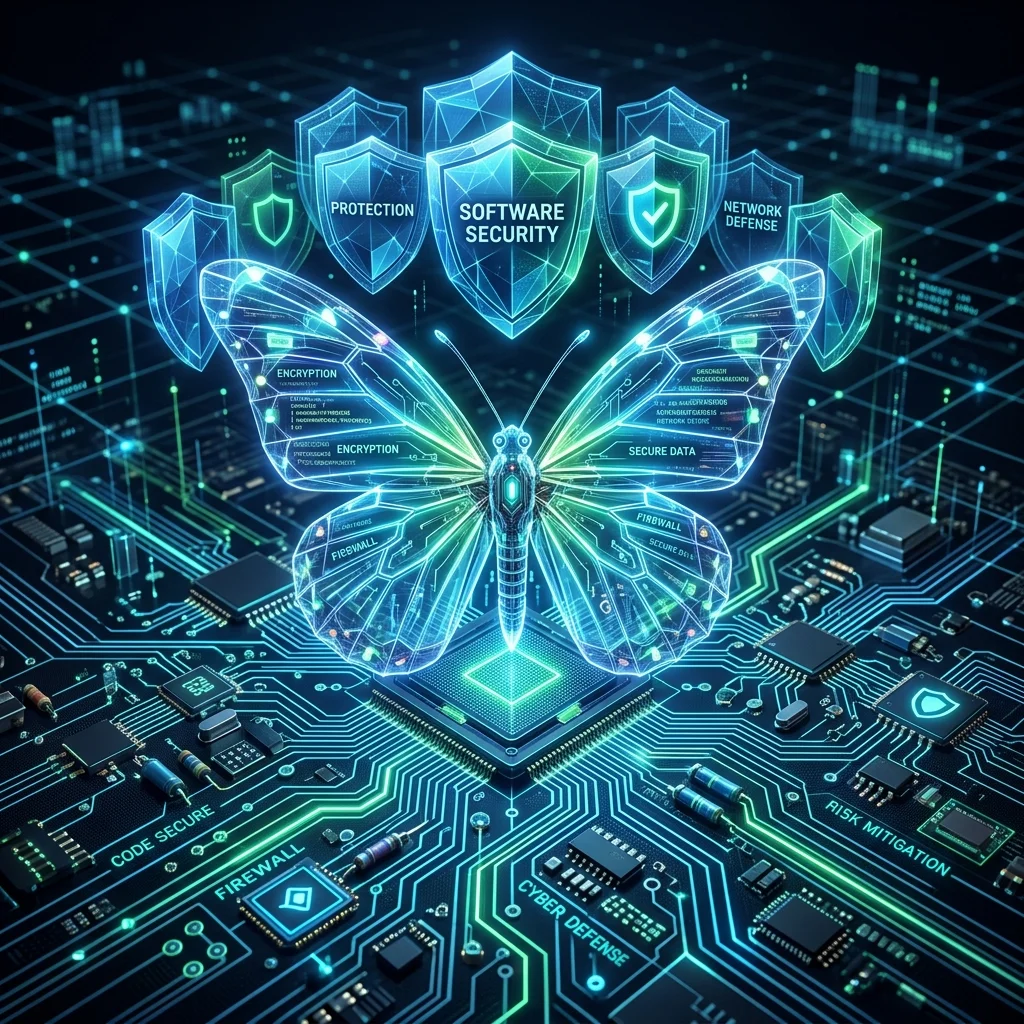 A premium cyber-editorial digital illustration showing a glowing, translucent glass-winged butterfly hovering over an intricate glowing green and neon blue circuit board network grid, protected by geometric crystalline shield overlays, representing software security.