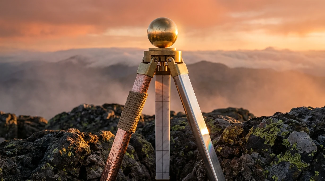 Surveyor's tripod with copper, porcelain, and steel legs planted on rocky ground at sunrise above the clouds