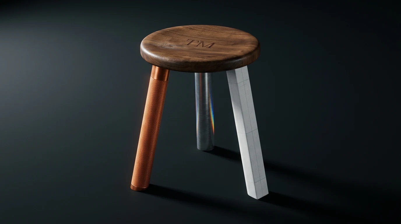 Walnut stool with copper, porcelain, and steel legs representing the Tygart Media AI operating stack of Claude, Notion, and GCP