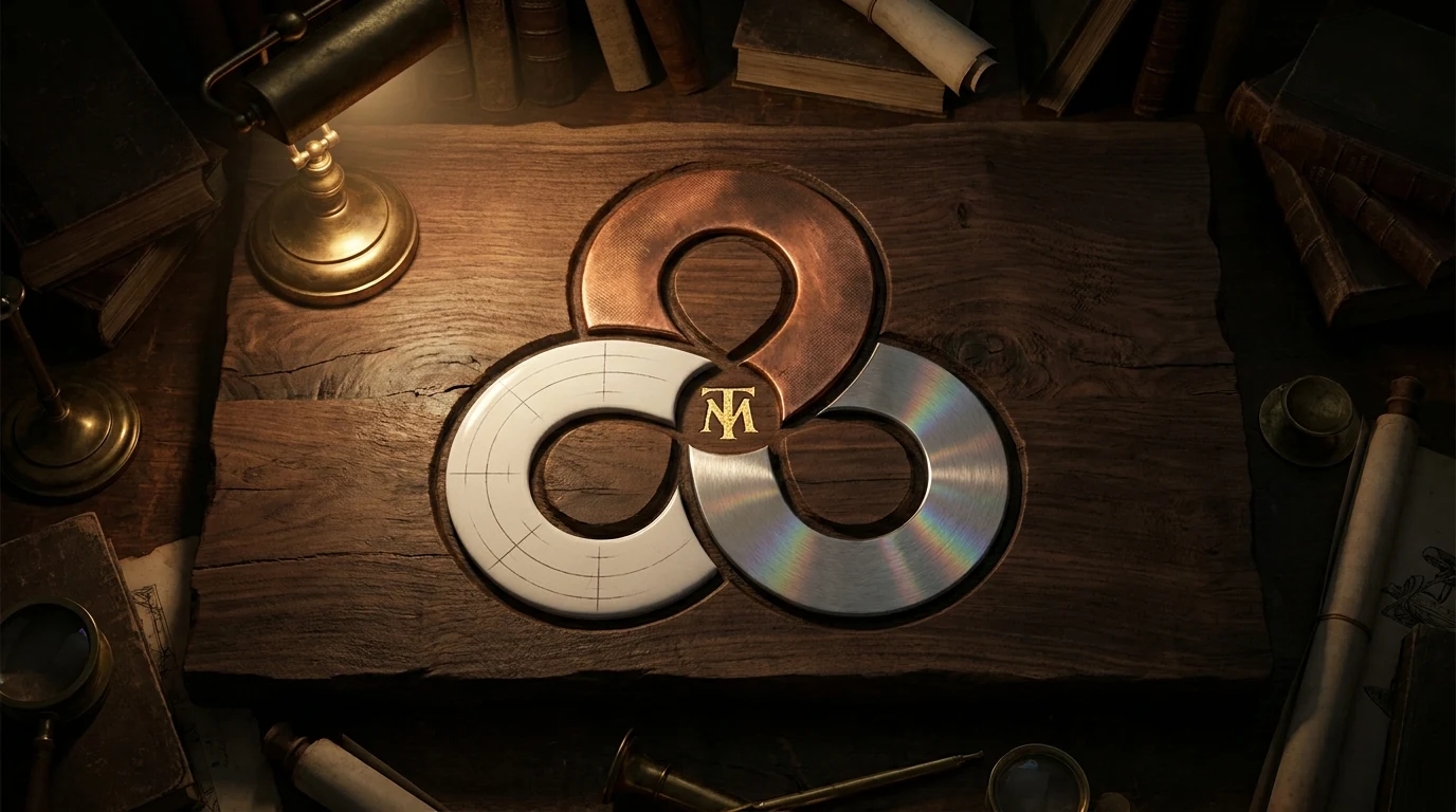 Carved walnut trefoil with three interlocking loops of copper, porcelain, and steel meeting at a gold TM monogram