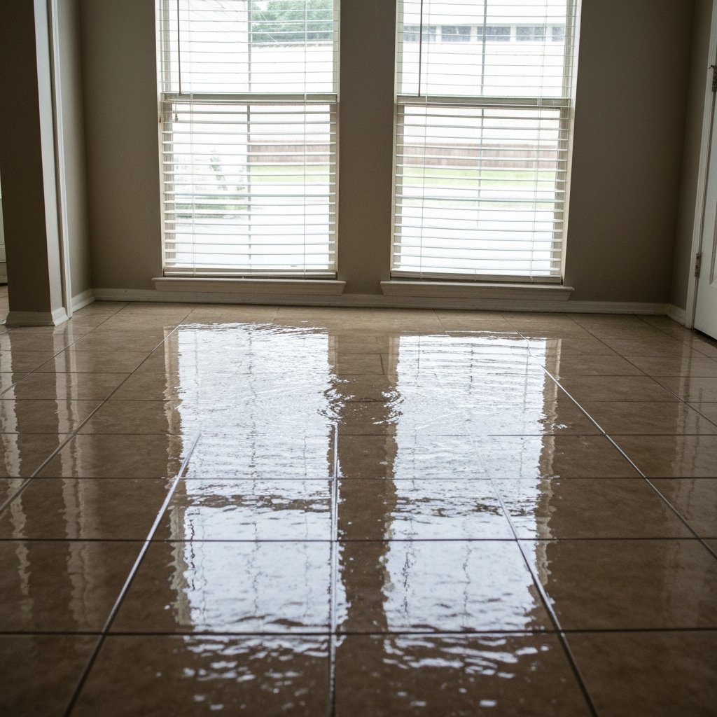 Standing water floods a tiled floor in an empty room