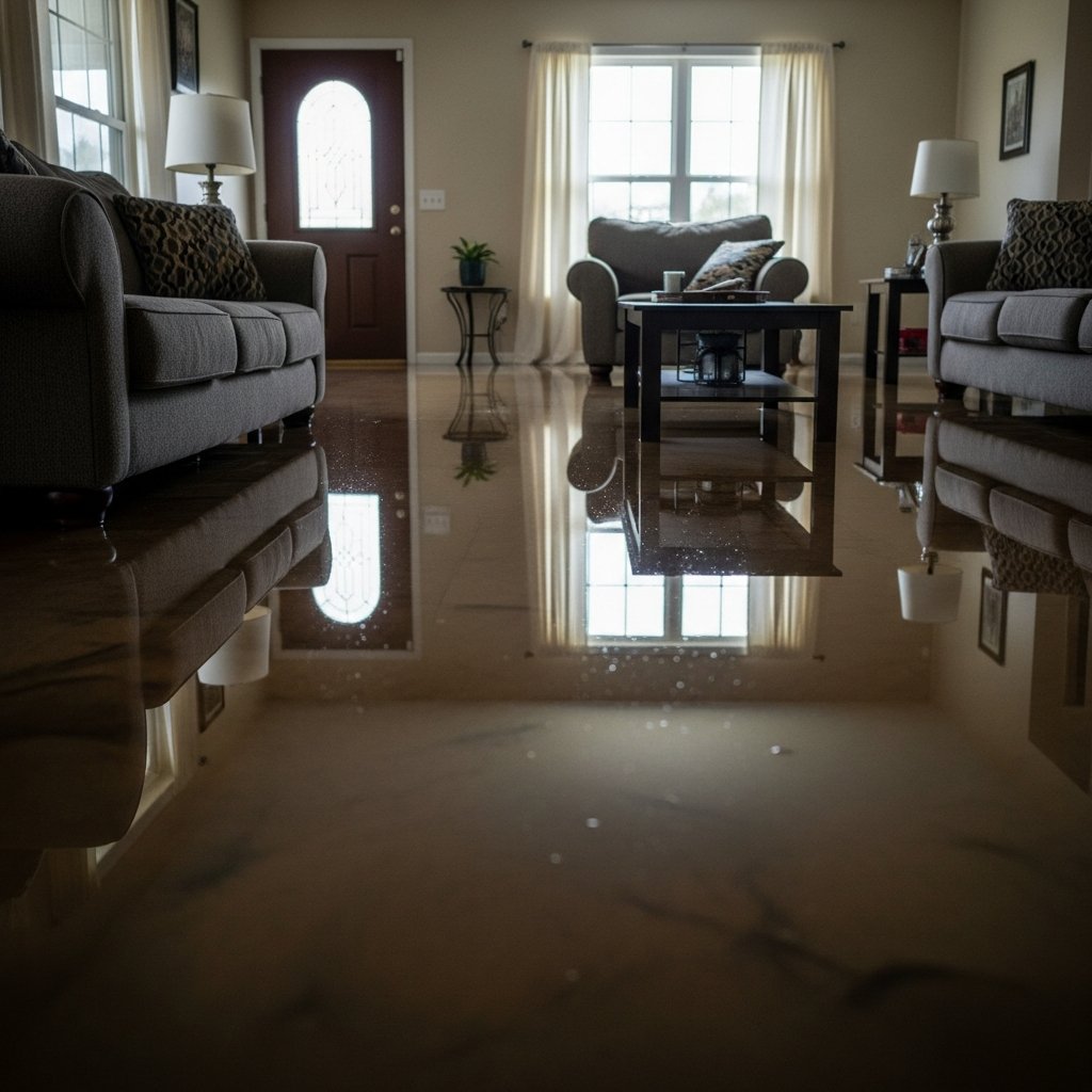 Flooded living room with furniture reflected in standing water covering the floor