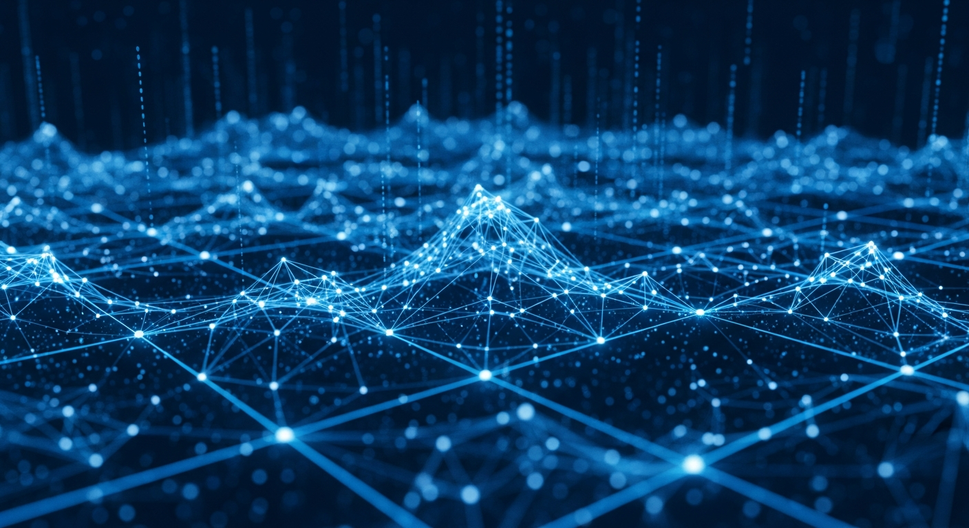 Glowing blue network of interconnected nodes and lines forming a digital topographical landscape