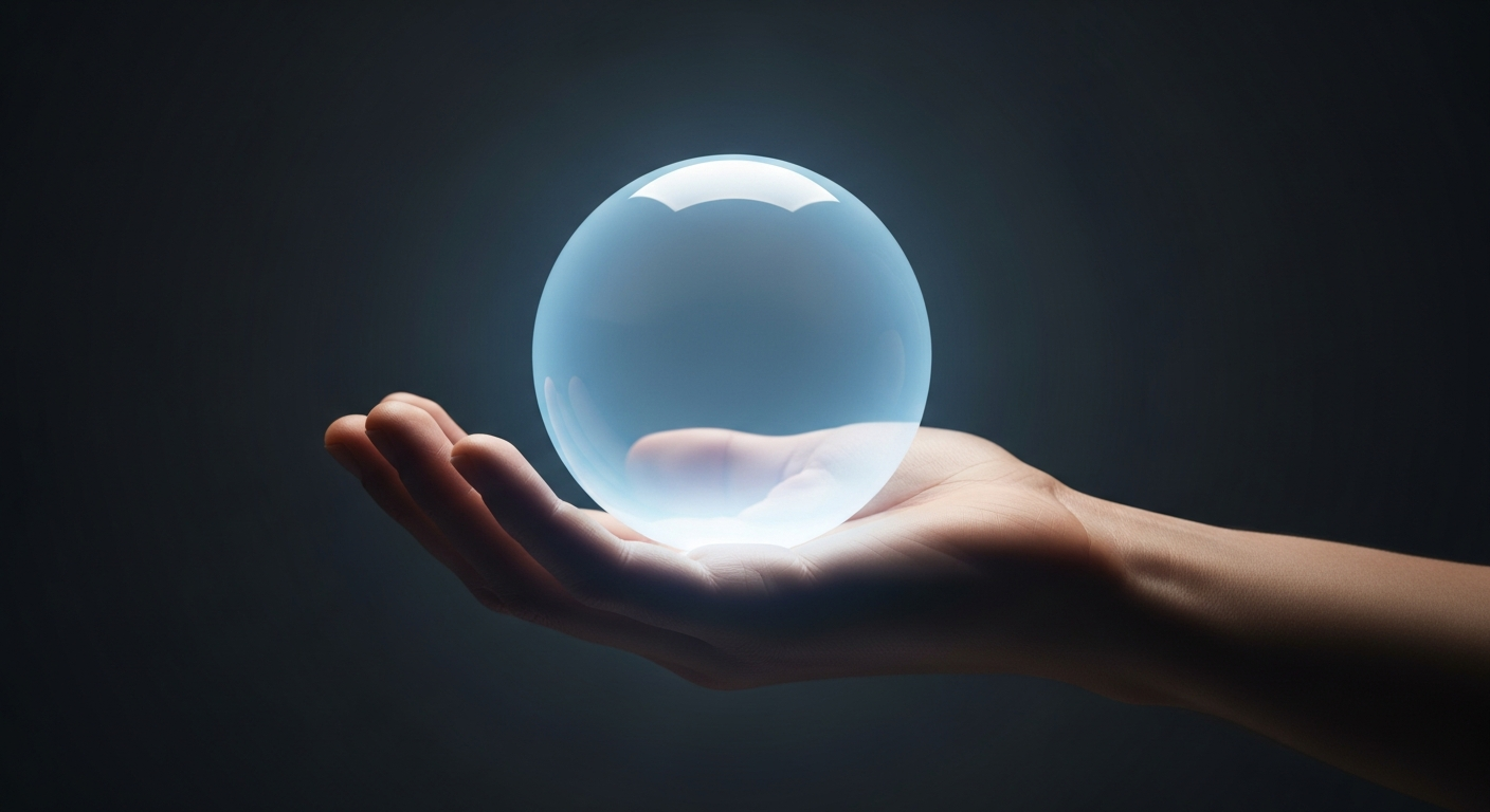 A glowing orb of light held gently in an open human hand, representing powerful AI handled with care and trust.