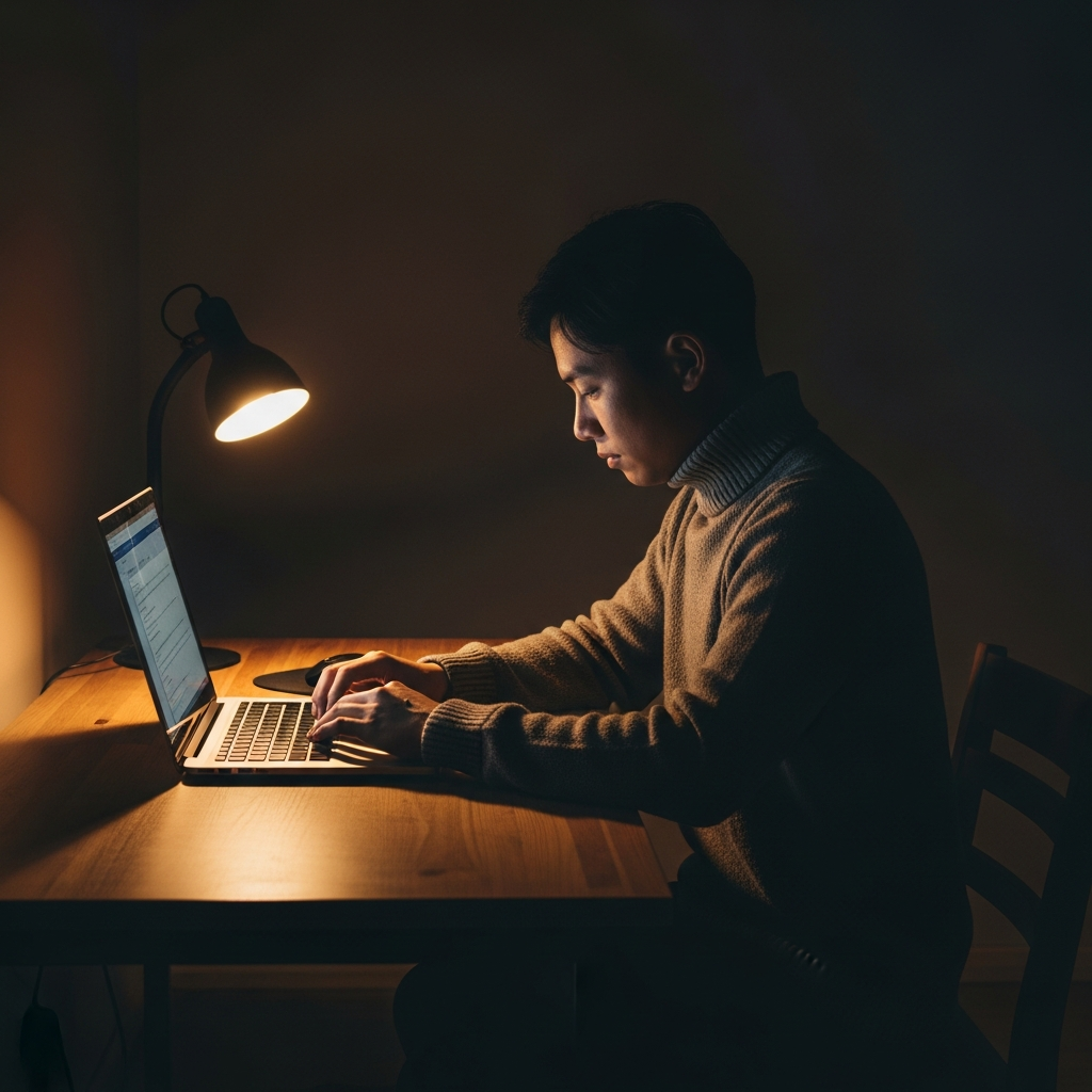 A person working alone at a desk at night, lit by a warm lamp, in a quiet reflective moment.