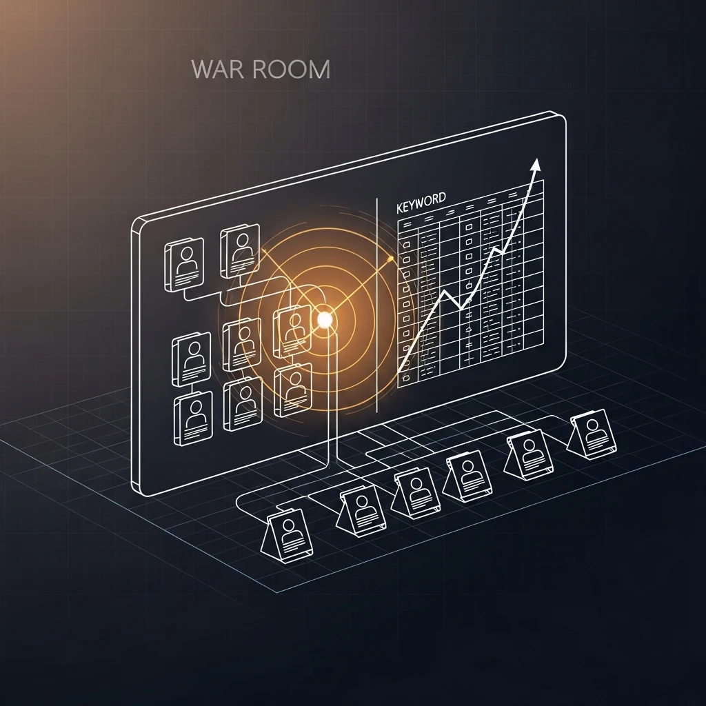 Stylized illustration of a digital war room featuring an organizational chart, data table, and rising line graph