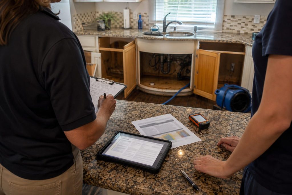 Clipboard and tablet on a kitchen counter during an insurance adjuster walkthrough after water loss