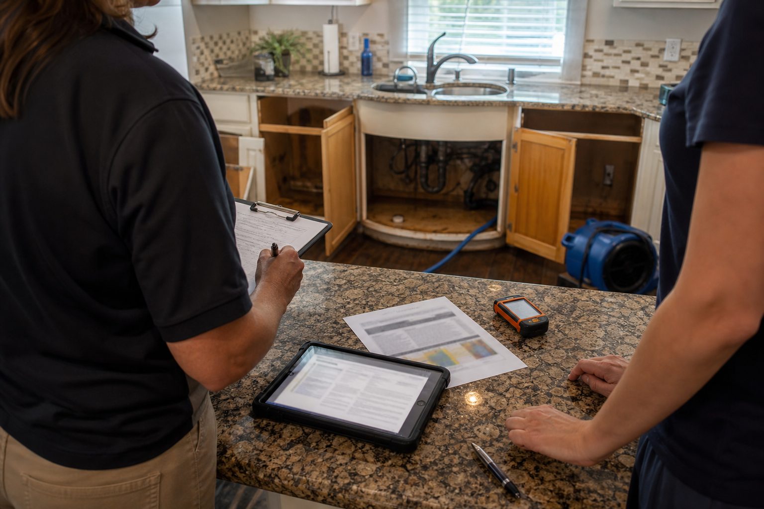 Clipboard and tablet on a kitchen counter during an insurance adjuster walkthrough after water loss