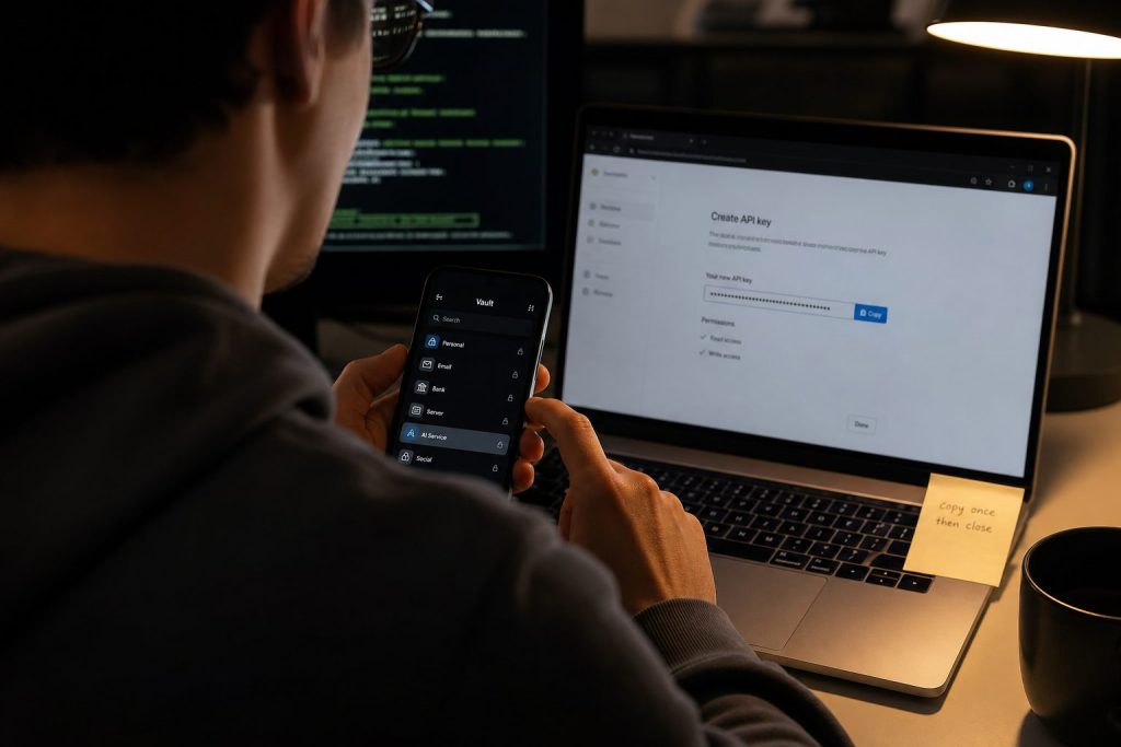 Developer copying a new API key into a password vault; secret string not readable