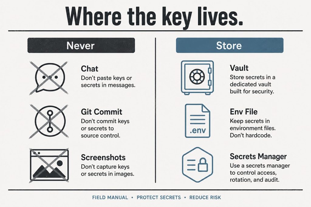 Diagram contrasting never places for API keys versus vault, env file, and secrets manager