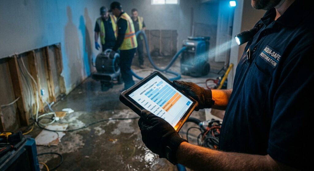 Restoration worker using a tablet to document water damage cleanup in a flooded basement