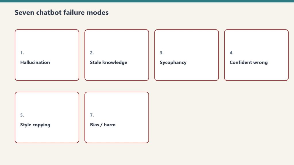 Seven cards naming common AI chatbot failure modes