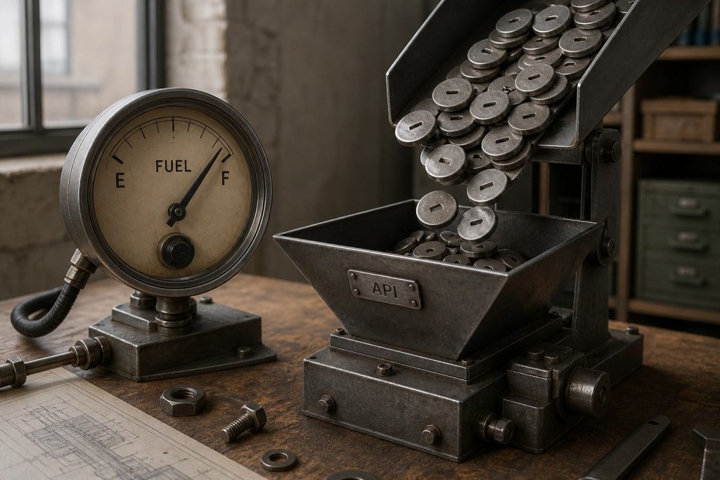 Workshop fuel gauge and metal tokens pouring into an API hopper, metaphor for pay-per-token pricing