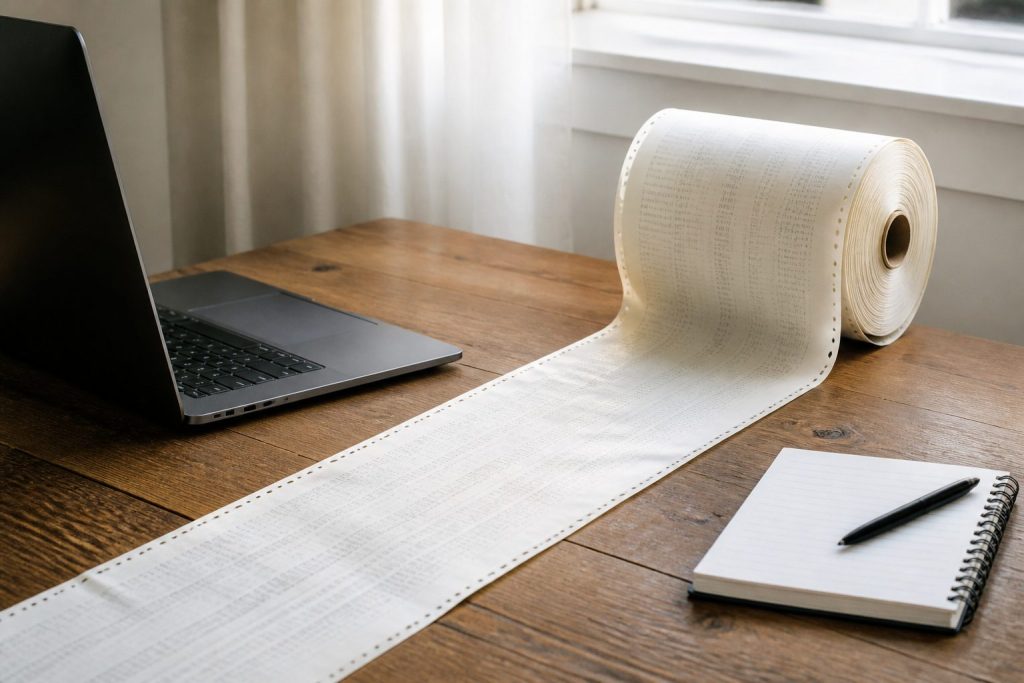 Long paper tape measure unrolling across a desk beside a laptop, metaphor for context window length
