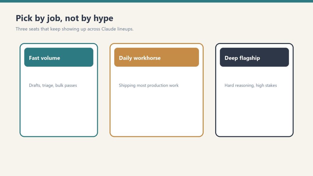 Three cards for fast volume, daily workhorse, and deep flagship Claude seats