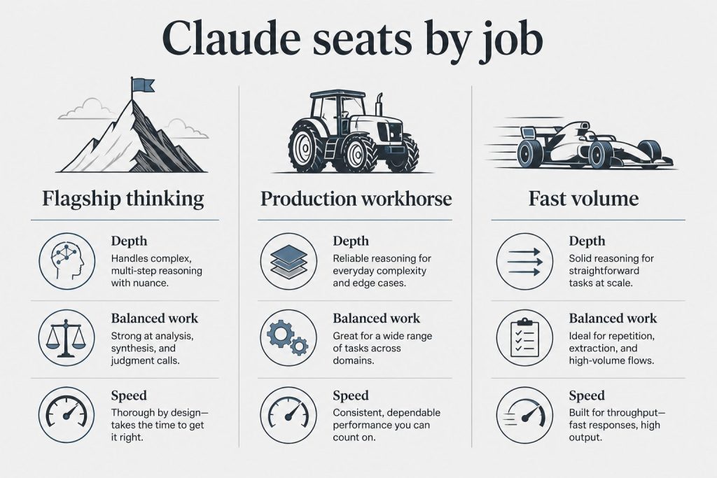 Three-column board mapping Claude model seats to flagship thinking, production workhorse, and fast volume jobs