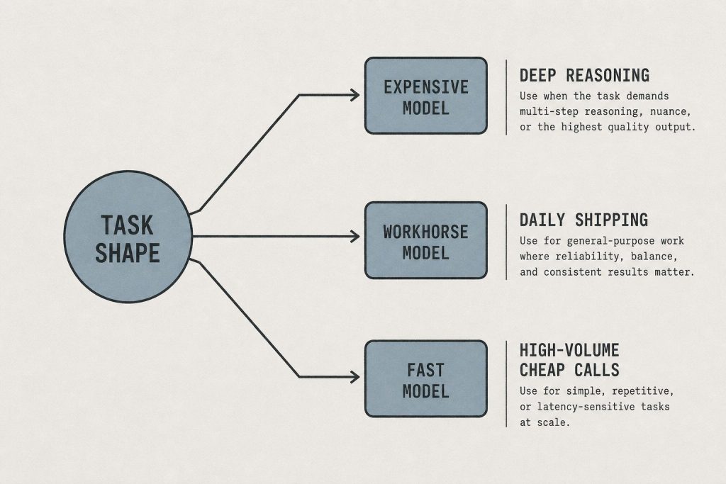 Decision diagram from task shape to deep reasoning, daily shipping, or high-volume cheap calls