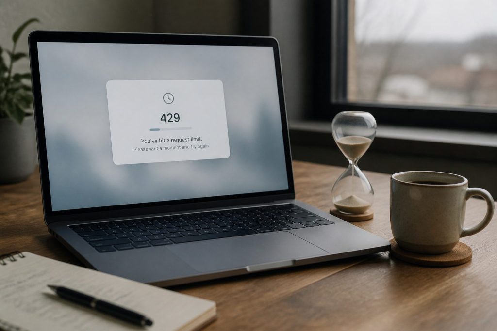 Laptop showing a blurred rate-limit style error with hourglass and coffee on the desk