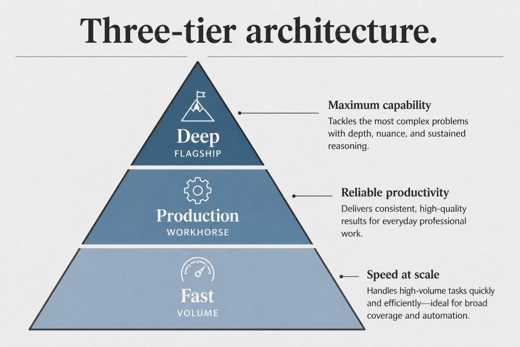 Pyramid diagram of Claude tiers: fast volume base, production workhorse middle, deep flagship peak