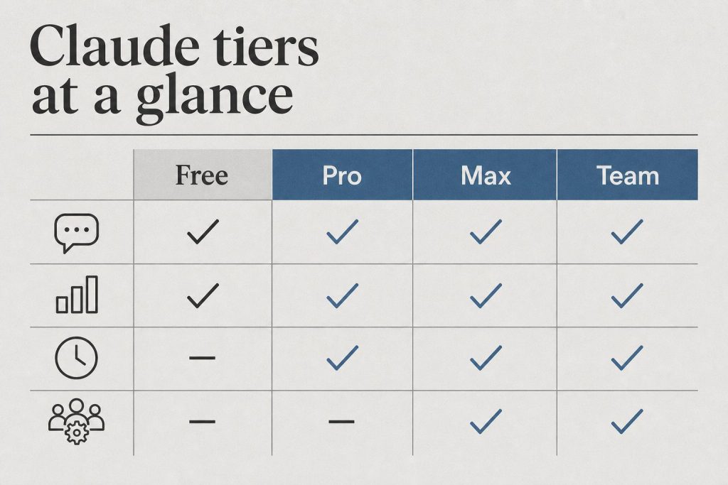 At-a-glance board comparing Free, Pro, Max, and Team Claude tiers by chat, limits, priority, and admin controls