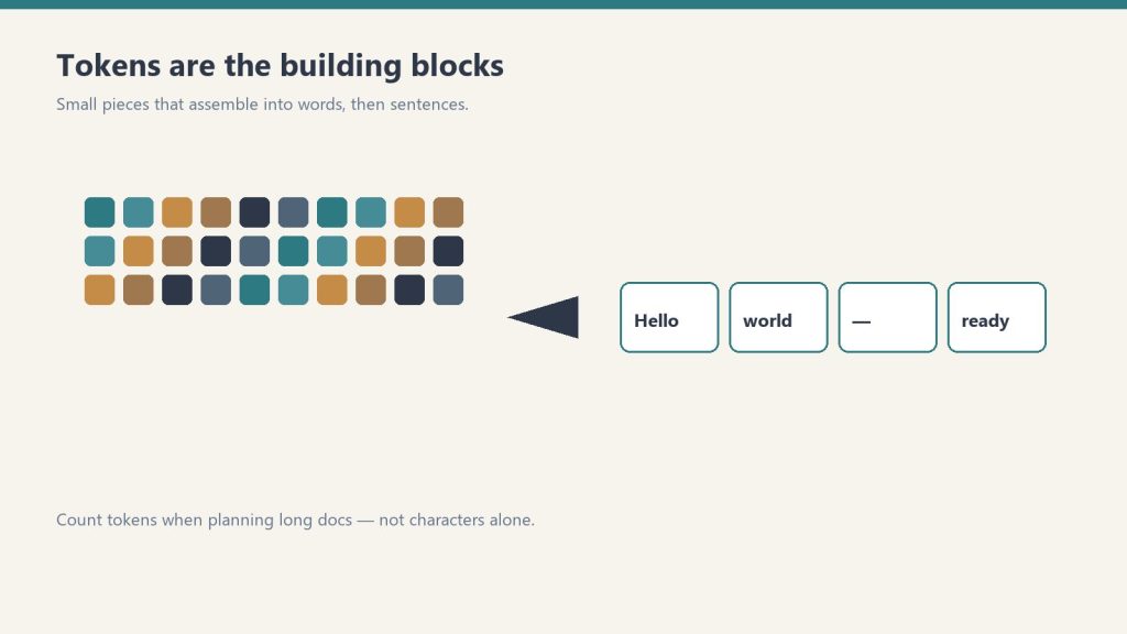 Small token cubes assembling into short phrase cards on a desk