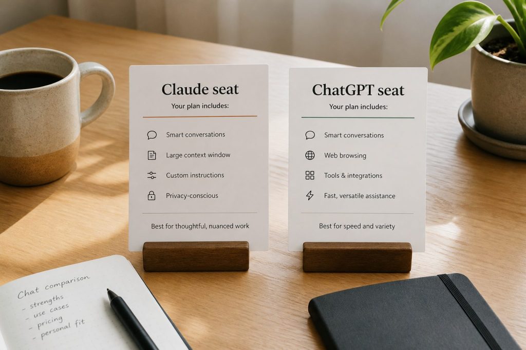 Two subscription cards on a desk labeled Claude seat and ChatGPT seat for side-by-side comparison