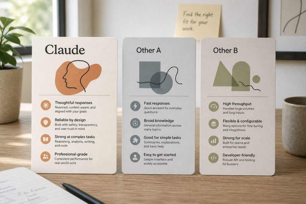 Three abstract product cards on a desk comparing Claude with other chat API offerings