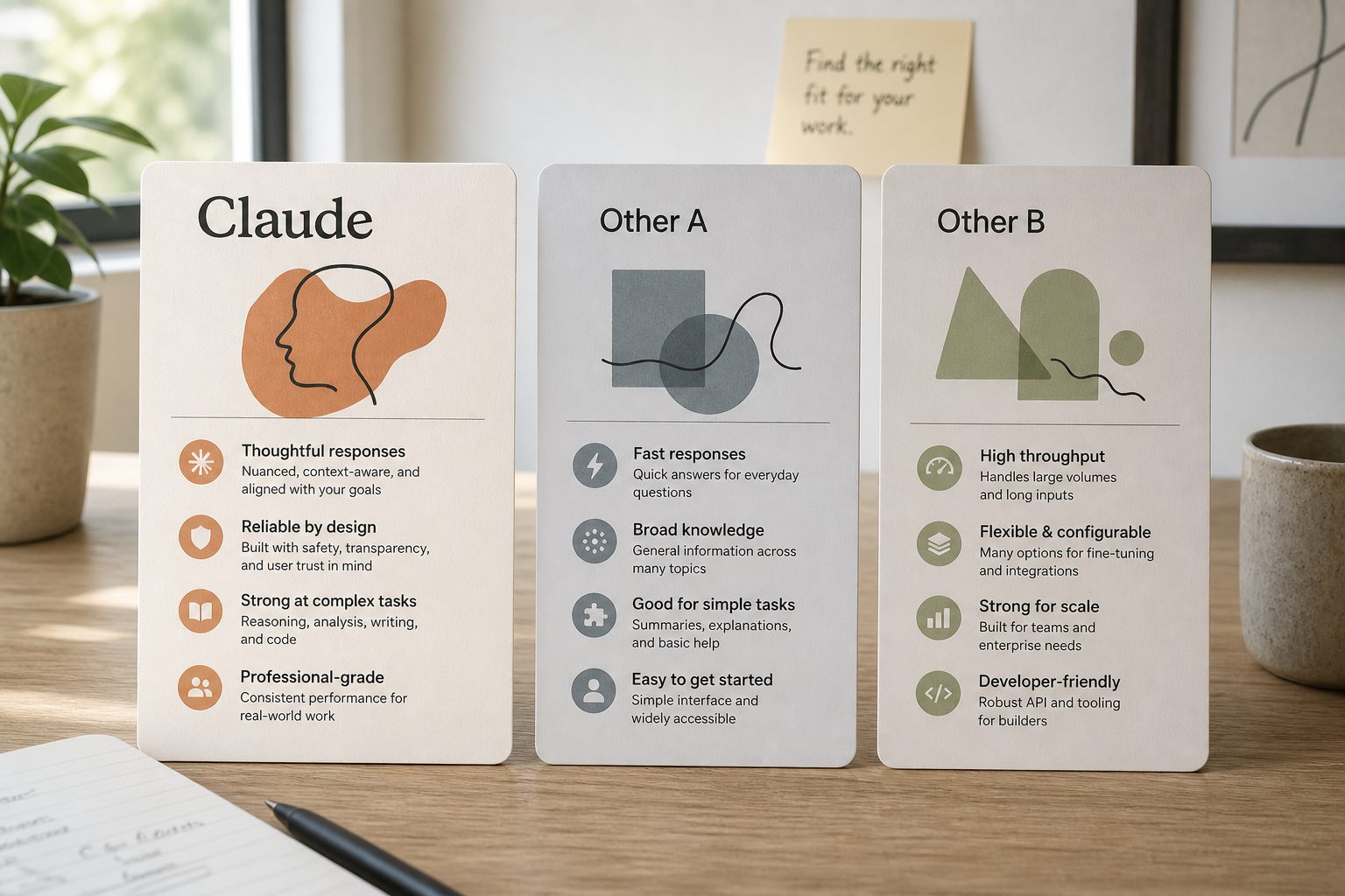 Three abstract product cards on a desk comparing Claude with other chat API offerings