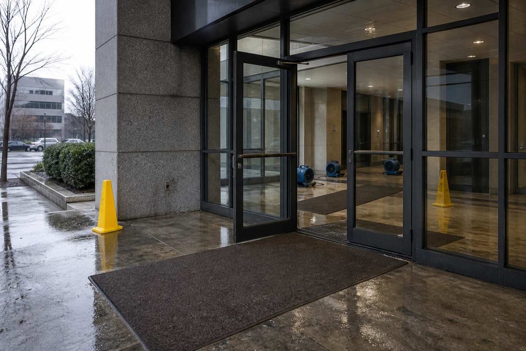 Commercial office lobby entrance after a pipe burst with caution cones and wet runners
