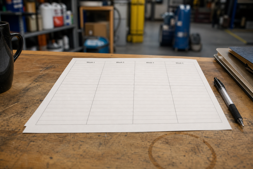 Four-week quote tracking sheet on a restoration shop desk