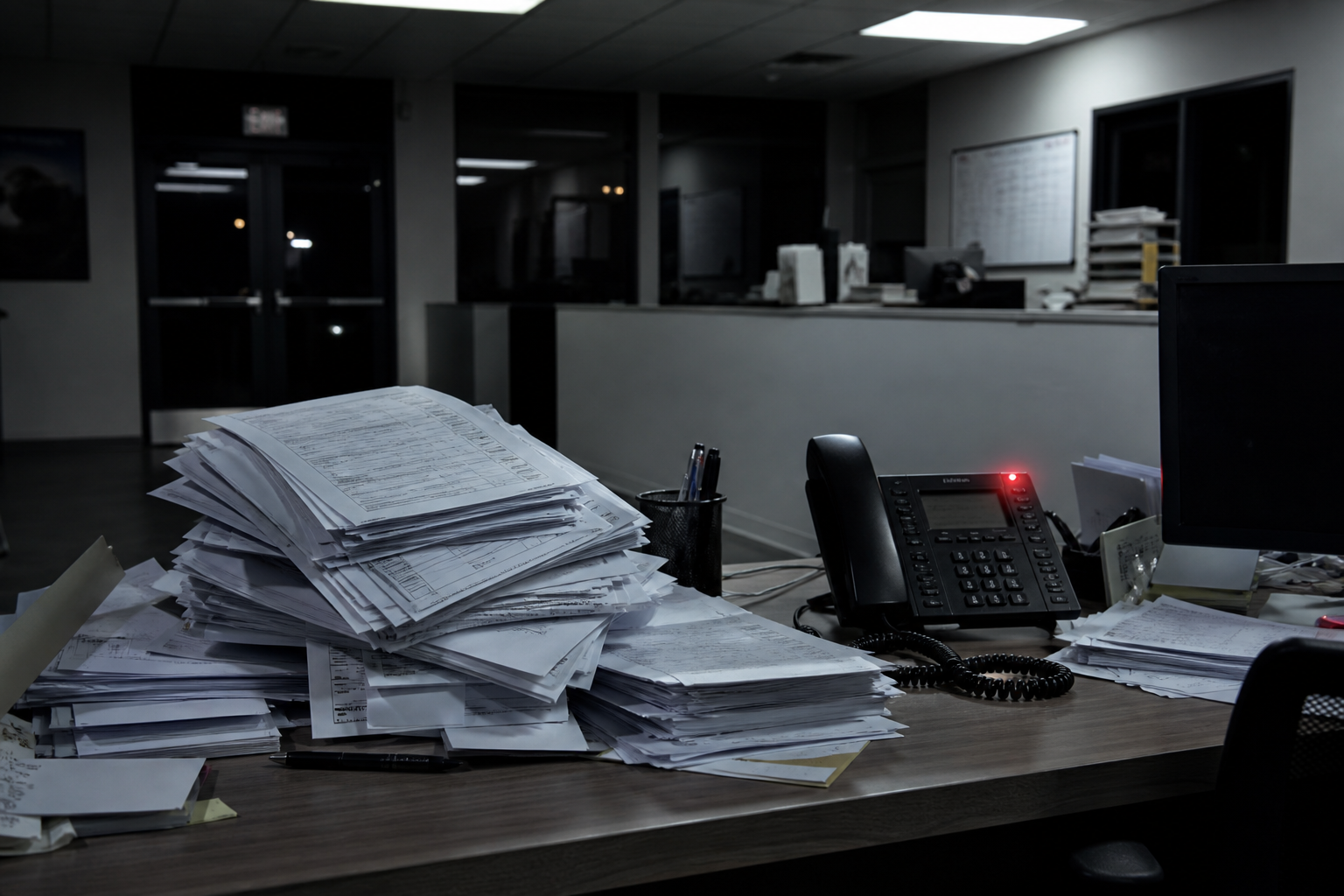 Night restoration office desk with a leftover pile of printed quotes and a phone showing a missed-call light