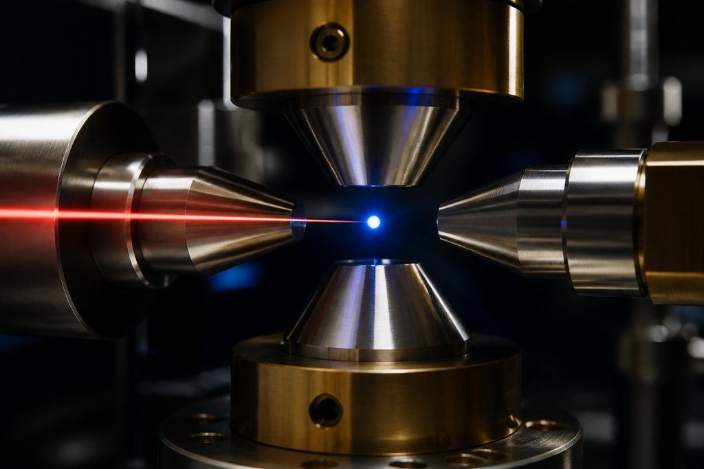 Single trapped ion in a Paul trap crossed by a thin red laser beam