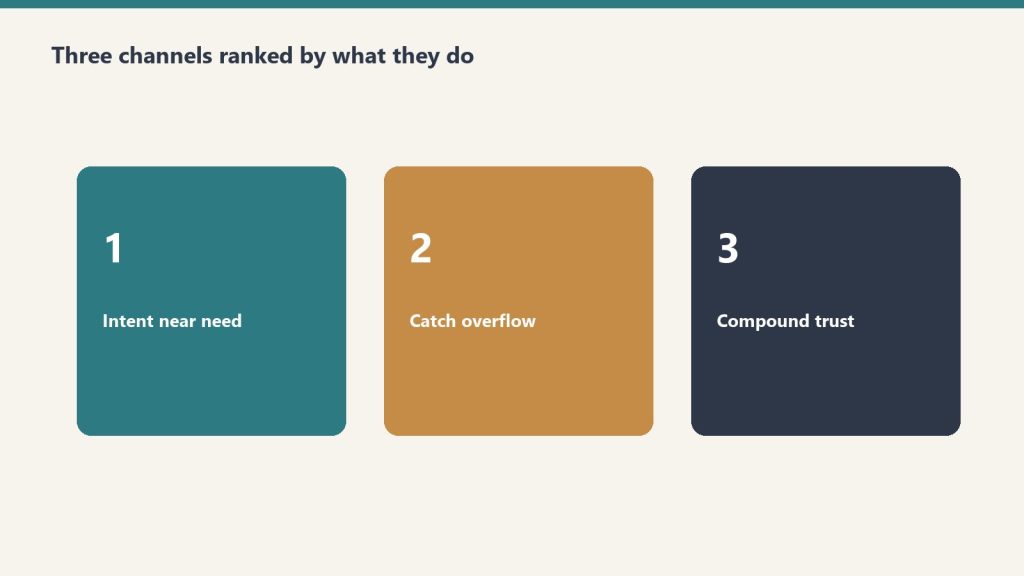 Three ranked panels: intent near need, catch overflow, compound trust