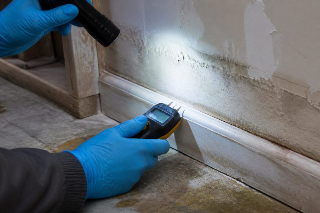 Gloved hands using a pin-type moisture meter on wet drywall during inspection