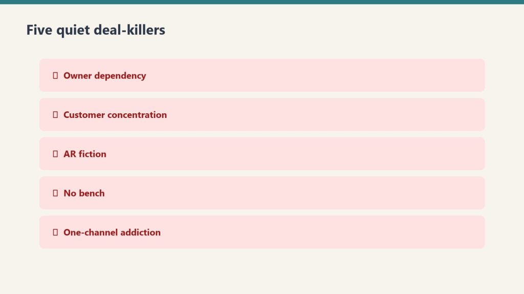 Red checklist of five quiet deal killers for restoration M&A